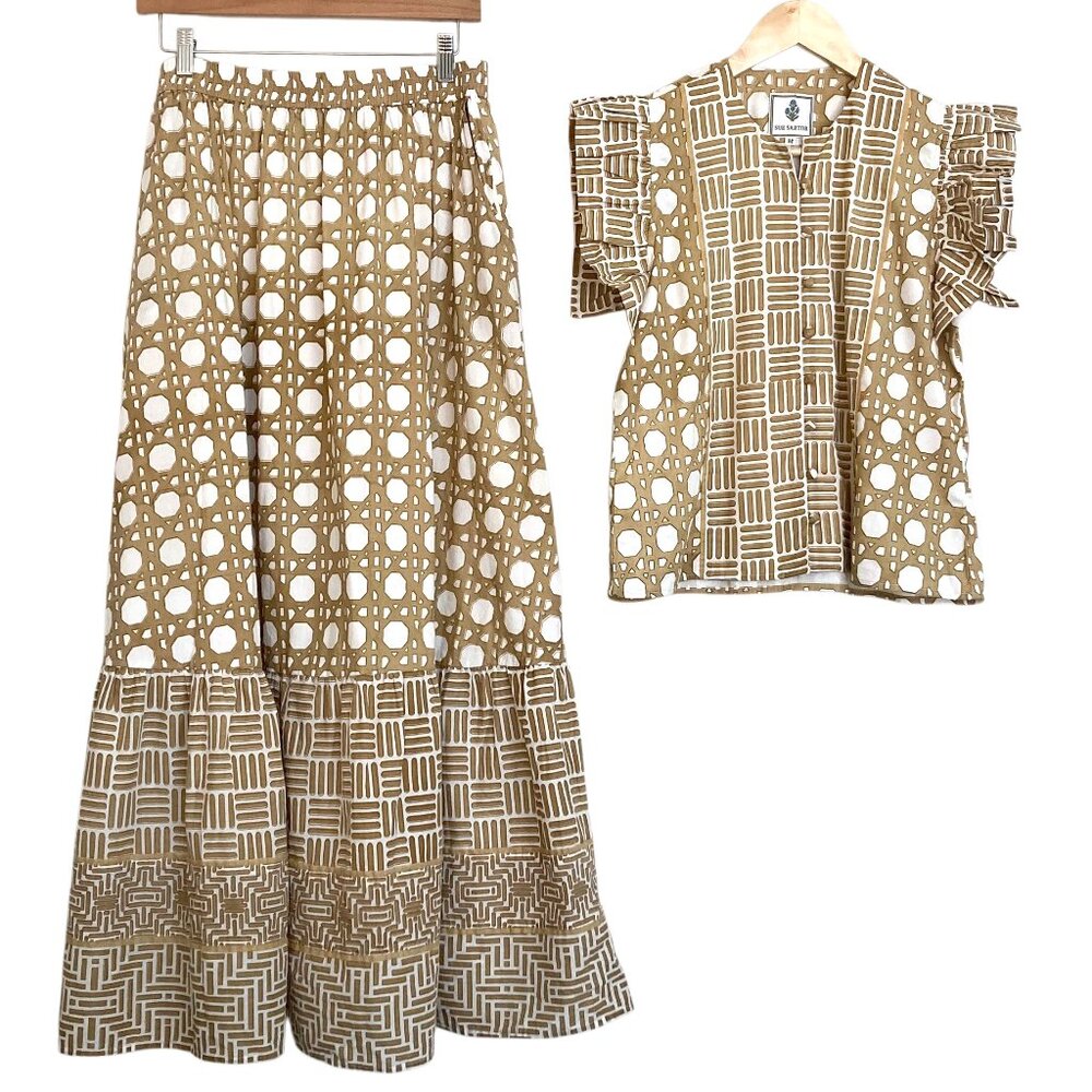 SUE SARTOR Fairfield Basketweave Top & Midi Skirt SET Caning Collection Tan - Picture 7 of 13